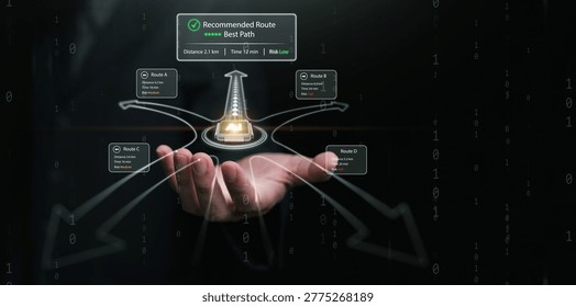 Artificial intelligence decision making concept showing hand holding AI route recommendation with multiple roads, best path selection, risk analysis and data arrows for business directions.