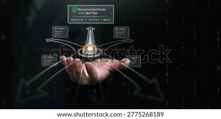 Artificial intelligence decision making concept showing hand holding AI route recommendation with multiple roads, best path selection, risk analysis and data arrows for business directions.