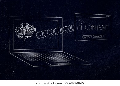artificial intelligence and deep learning conceptual illustration, laptop with AI content pop-up message and microchip brain on screen