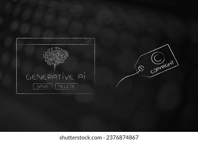 artificial intelligence and deep learning conceptual illustration, generative AI pop-up message with Copyright label next to it