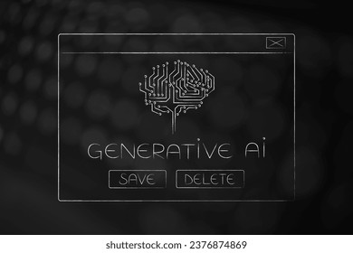 artificial intelligence and deep learning conceptual illustration,  generative AI  pop-up message with microchip brain icon and Save or Delete buttons