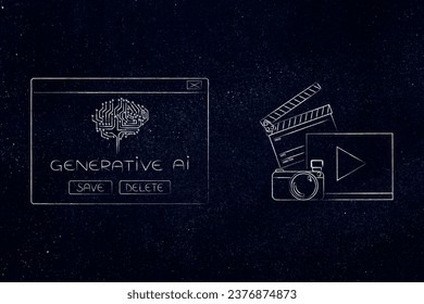 artificial intelligence and deep learning conceptual illustration, generative AI pop-up message with microchip brain next to photo and video icon