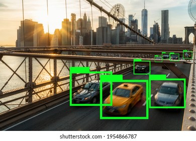 Artificial Intelligence For Deep Learning Technology Over The Traffic In Rush Hour After Working Day On The Brooklyn Bridge Over New York Cityscape Background With Sunset, USA, United States, 