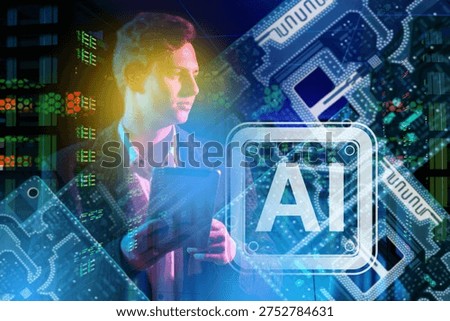 Artificial intelligence development, data center technology. IT specialist works with tablet while analyzing AI processor architecture and digital server infrastructure.