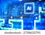 Artificial intelligence development, glowing AI processor chip mounted on electronic circuit board symbolizes machine learning computing power and advanced semiconductor technology.