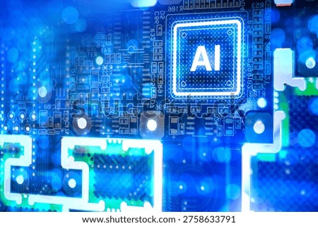 Artificial intelligence development, glowing AI processor chip mounted on electronic circuit board symbolizes machine learning computing power and advanced semiconductor technology.