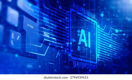 Artificial intelligence, Digital computing. AI processor and electronic circuit interface represent machine learning and advanced data processing technology 3D image