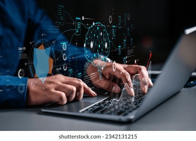 Artificial intelligence Digital file management, Investment financial global economy concept. Businessman using laptop analysing virtual global and trading graph, stock market trade, online business.