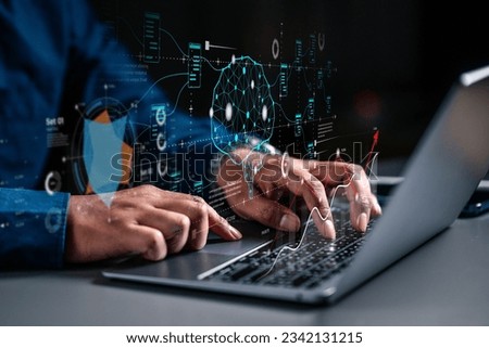 Artificial intelligence Digital file management, Investment financial global economy concept. Businessman using laptop analysing virtual global and trading graph, stock market trade, online business.