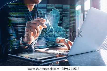 Artificial intelligence and digital identity, featuring a holographic wireframe human figure surrounded by programming code and big data analytics.High-tech digital environment.not ai generated