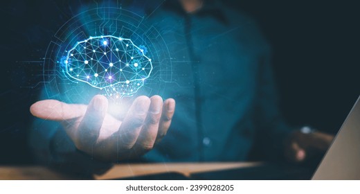 artificial intelligence, digital, innovation, technology, brain, intelligence, business, future, neural, network. businessman's with hud neural link ai technology merging connectivity and intelligence