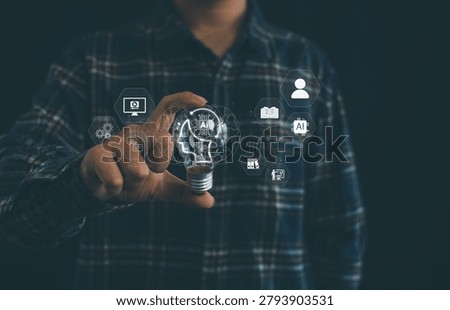 Artificial intelligence and digital learning concept featuring AI-powered knowledge management, smart education, automation, data processing, machine learning, and innovation technology.