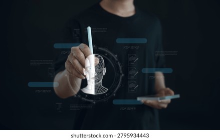 Artificial intelligence and digital transformation concept featuring AI humanoid interface, machine learning, data automation, smart technology, virtual assistant, and business innovation.