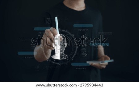 Artificial intelligence and digital transformation concept featuring AI humanoid interface, machine learning, data automation, smart technology, virtual assistant, and business innovation.