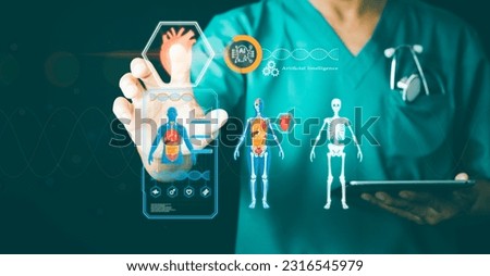 Artificial Intelligence. doctor using technology smart robot AI, Online health care, and medical doctor consultation for remote diagnosis, digital prescription, doctor examines patient heart functions