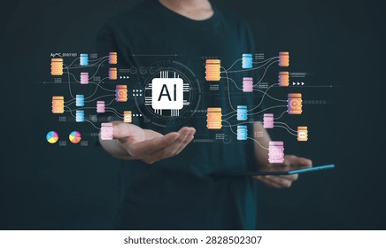 Artificial intelligence ecosystem concept with interconnected data networks, machine learning automation, workflow integration, big data analytics, intelligent processing and digital transformation.