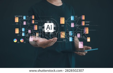 Artificial intelligence ecosystem concept with interconnected data networks, machine learning automation, workflow integration, big data analytics, intelligent processing and digital transformation.
