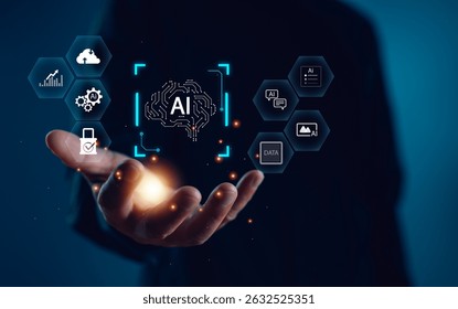 Artificial intelligence ecosystem concept showing a digital brain and connected icons, symbolizing cloud computing, data processing, machine learning, automation, and cybersecurity.
