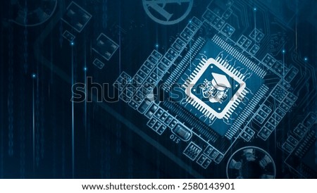 Artificial intelligence and education technology concept. Education icons on Ai computer chip. Learning in future education. Modern digital learning. New skills development curriculum. E-learning.