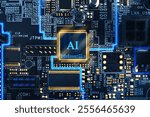 Artificial intelligence. Electronic chip with AI abbreviation on computer motherboard, top view