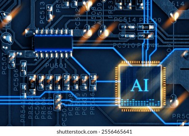 Artificial intelligence. Electronic chip with AI abbreviation on circuit board, top view