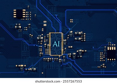 Artificial intelligence. Electronic chip with AI abbreviation on circuit board, top view