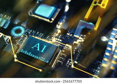 Artificial intelligence. Electronic chip with AI abbreviation on computer motherboard, closeup