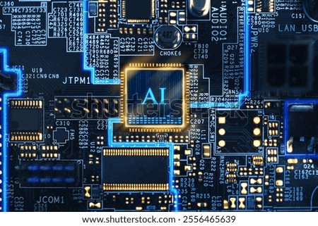 Artificial intelligence. Electronic chip with AI abbreviation on computer motherboard, top view