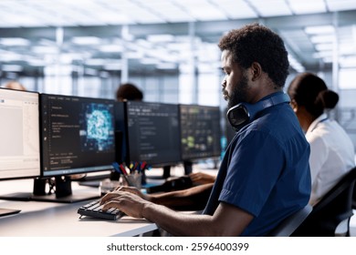 Artificial intelligence engineer in data center checks for performance issues arising due to high CPU usage. Machine learning expert in server farm fixing insufficient memory errors slowing hardware