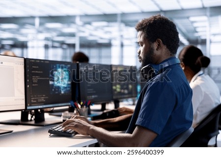 Artificial intelligence engineer in data center checks for performance issues arising due to high CPU usage. Machine learning expert in server farm fixing insufficient memory errors slowing hardware