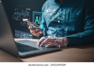 artificial, artificial intelligence, engineering, ai, future, intelligence, learning, brain, neural, strategy. A man is using a laptop with a smartphone. Concept of technology and the integration.