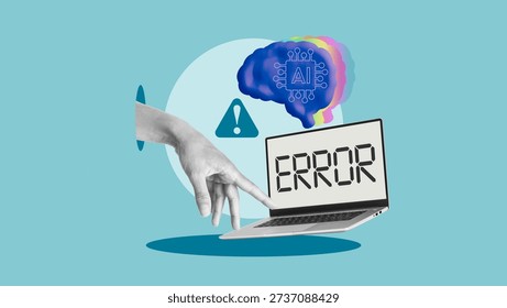 Artificial Intelligence Error and Hallucination Concept, AI Misinformation Risk Warning with Laptop Screen, Human Hand and Neural Brain Icon