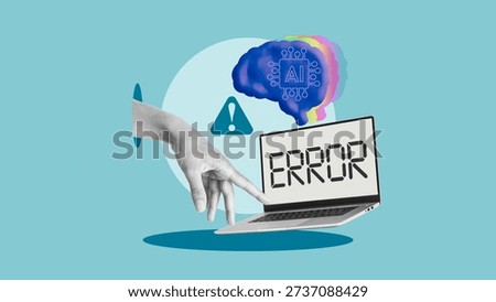 Artificial Intelligence Error and Hallucination Concept, AI Misinformation Risk Warning with Laptop Screen, Human Hand and Neural Brain Icon