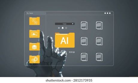 Artificial intelligence file management concept with robotic hand interacting with digital folders and documents interface, representing AI data organization, cloud storage, automation, smart workflow