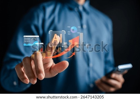 Artificial intelligence with financial data and upward arrow charts. AI-driven investment, financial growth, wealth management, smart analytics, and digital finance innovation.