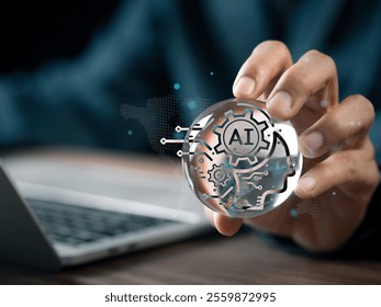 Artificial intelligence. Future technology AI, the starting point for innovation Response and assistance from AI. Businessman shows virtual reality icon symbolizing intelligent brain and world map.