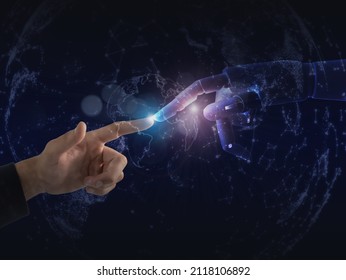 Artificial Intelligence, Future Technology And Business Concept - Robot And Human Hand With Flash Light And Virtual Screen Projection Over Black Background