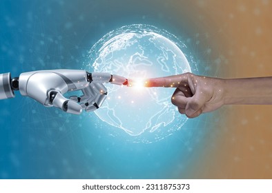 Artificial Intelligence. Futuristic 3d robot arm and human hand touching digital world with wireframe connections, virtual graphic interface future technology, Cyborg hand pointing a Connection - Powered by Shutterstock