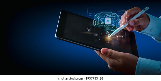 Artificial intelligence of futuristic technology concept. Hand using an electronic pen write on tablet screen virtual circuit AI brain genius technology. - Powered by Shutterstock