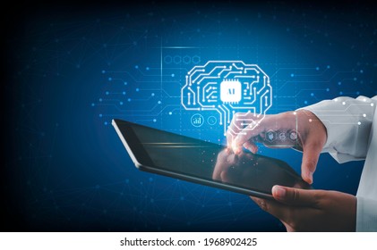 Artificial intelligence of futuristic technology concept. Hand using a finger touch on tablet screen virtual circuit AI brain genius technology in blue background.