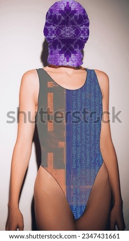 Artificial intelligence. Futuristic technology. Digital future. Double exposure of unrecognizable cyborg woman with iridescent glitch head encryption on neutral background.