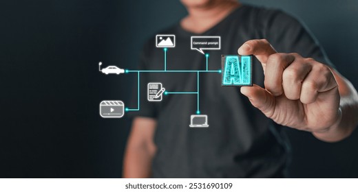 artificial intelligence generates technology concept. a person uses AI chip tech big data business process strategy, and smart customer service management. Digital transformation change management.