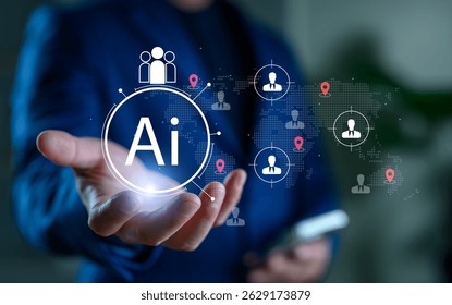 Artificial Intelligence in global HR management and recruitment. AI-powered talent acquisition, workforce analytics and automation in employee selection and human resources strategy.
