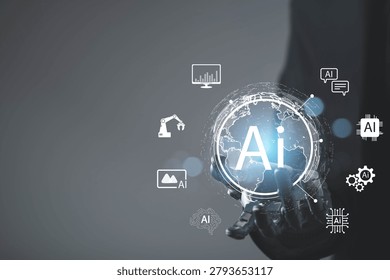 Artificial intelligence global network with robotic hand holding AI sphere, digital transformation, data analytics, machine learning, automation technology, smart communication and future innovation.