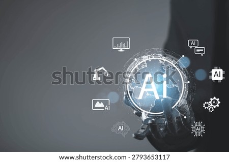 Artificial intelligence global network with robotic hand holding AI sphere, digital transformation, data analytics, machine learning, automation technology, smart communication and future innovation.