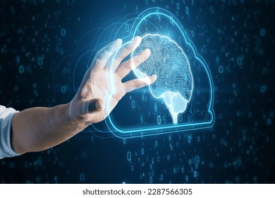 Artificial Intelligence hardware concept. Close up of male hand holding glowing cloud brain and circuit hologram on dark backdrop. Big data, ai trading, machine learning, technology background