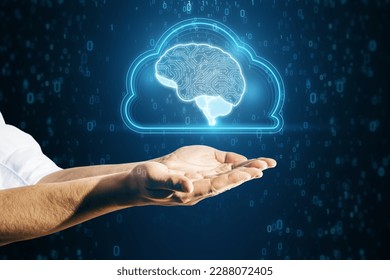 Artificial Intelligence hardware concept. Close up of businessman hand holding glowing cloud brain and circuit hologram on dark backdrop. Big data, ai trading, machine learning, technology background - Powered by Shutterstock - Get 15% off with code: PIKWIZARD15