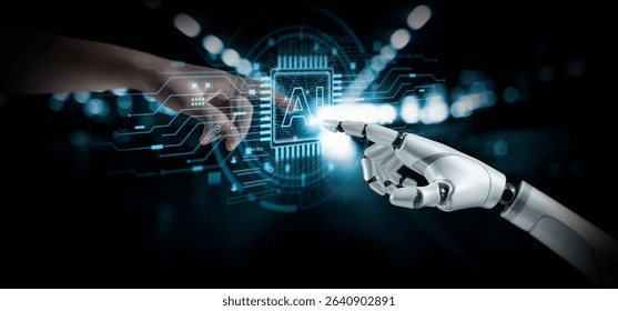 Artificial intelligence and human collaboration concept, robotic hand and human finger touching virtual AI interface with futuristic circuit data, innovation and future technology integration


