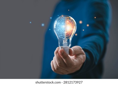 Artificial intelligence and human creativity concept with glowing brain inside a light bulb, representing innovation, machine learning, smart technology, digital thinking, and future ideas.