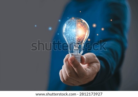 Artificial intelligence and human creativity concept with glowing brain inside a light bulb, representing innovation, machine learning, smart technology, digital thinking, and future ideas.